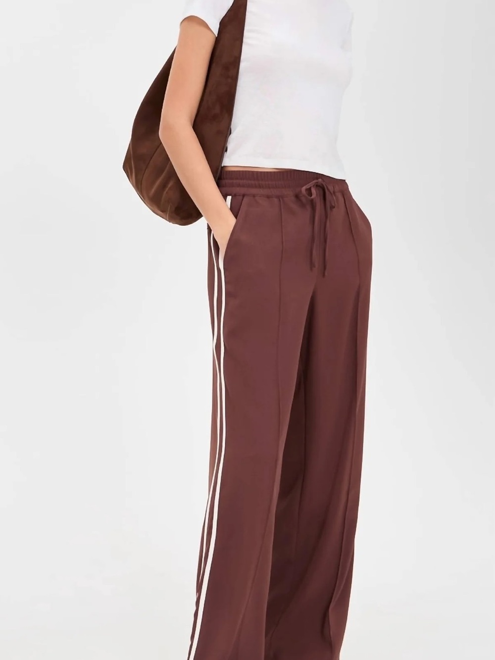 Z Supply Wide-Leg Brown Track Pants with White Side Stripes